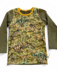 Jersey-Oberteil für Buben mit verschiedenen Dinos und uni Ärmeln, Farbe Militärgrün