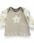 Shirt Upcycling aus einem Pullover und Ärmel mit hellblauem Jersey mit grauen Sternen.