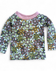 Kinderpullover aus violettem Jersey mit mehrfarbigen Blumen