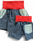 Kurze Höschen aus einer aussortierter Hose und Hemden verziert, rote Bündchen