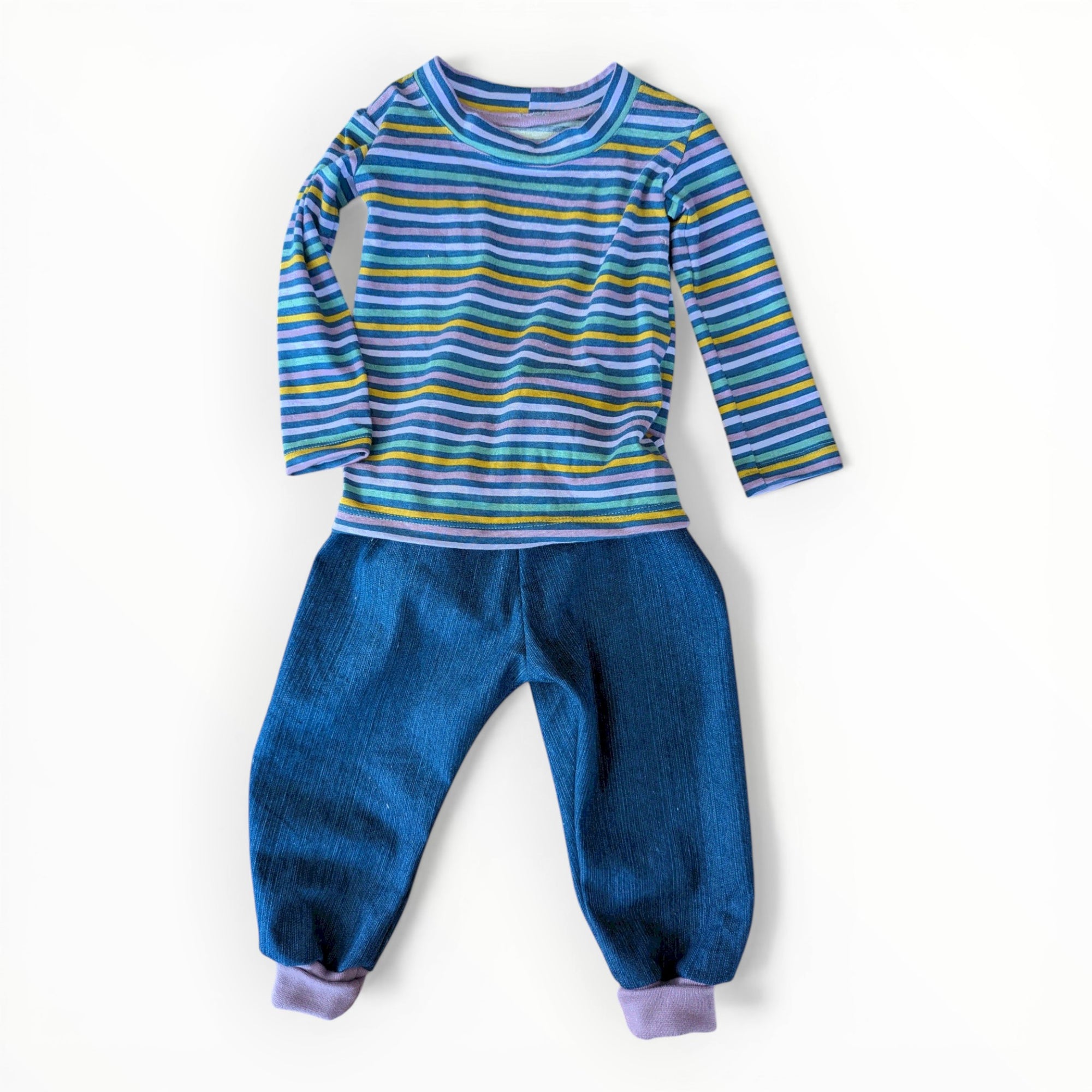 Mädchen Kombi Jeans-Pumphose und Langarmshirt gestreift aus Baumwolljersey in Grösse 80 von Petite Jeanne