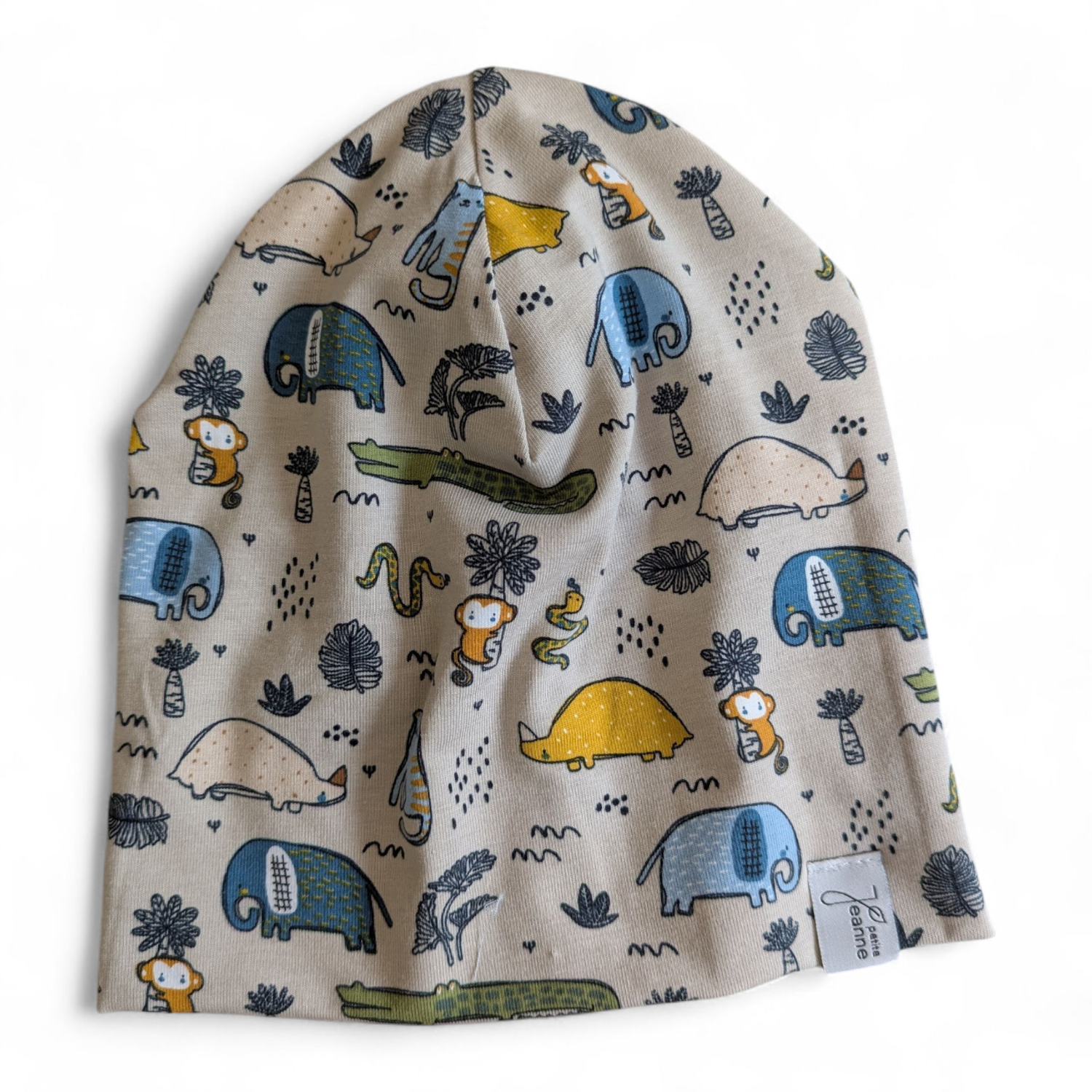 Beigefarbene Kinderbeanie mit bunten Zootieren