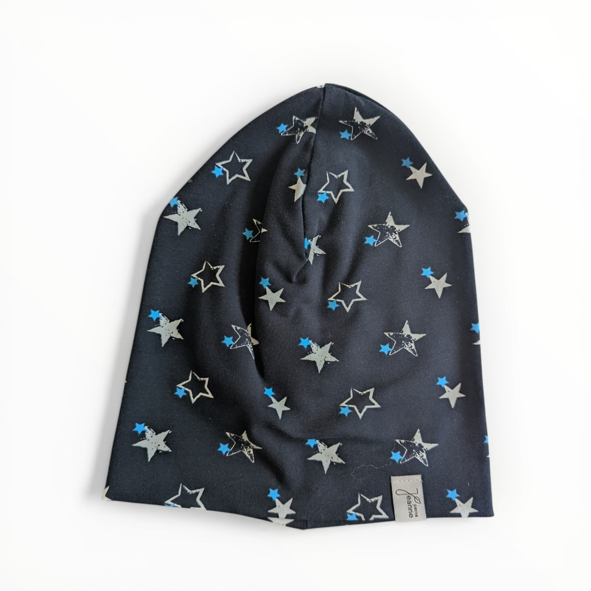 Junge Beanie schwarz mit Sternen Motiv Baumwolljersey in der Kopfgrösse 50-54, einlagig