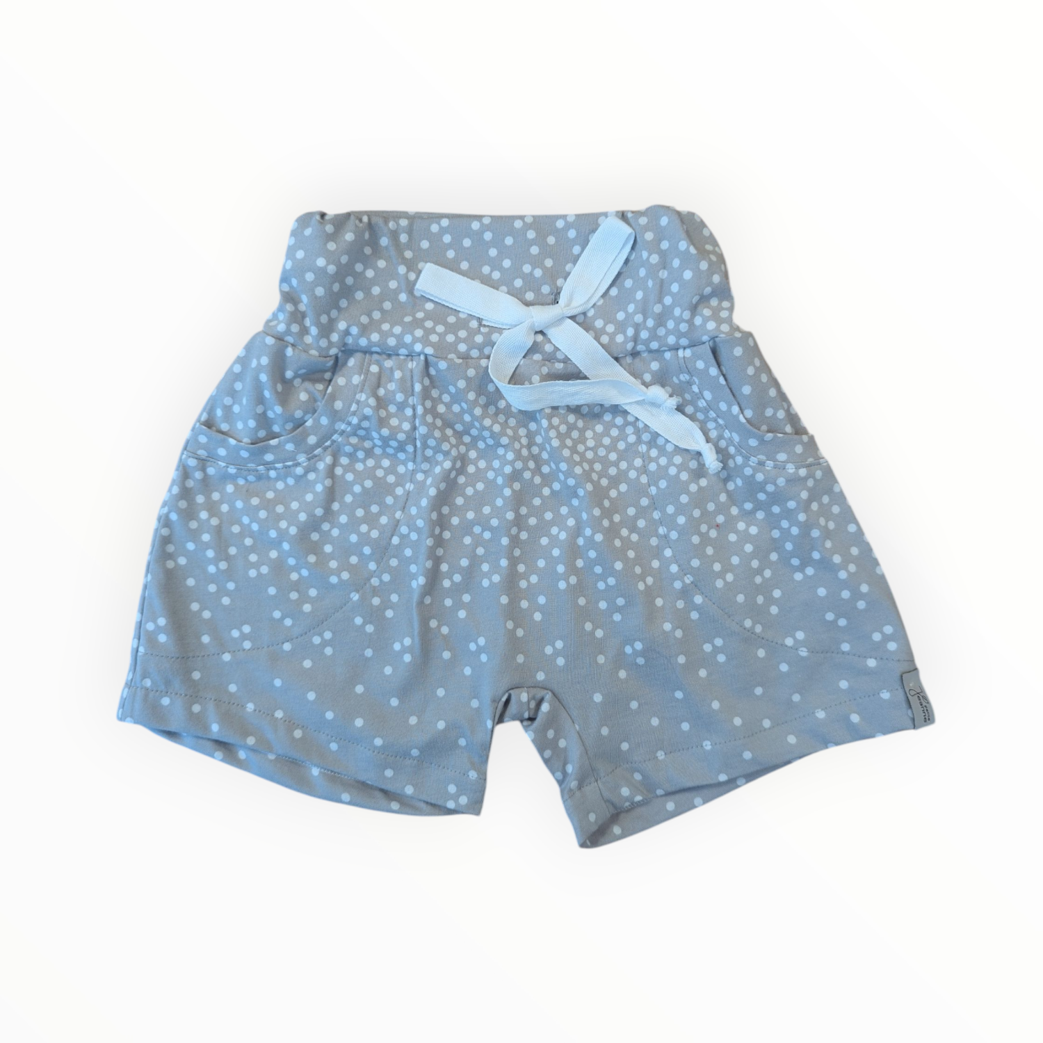 Kurze Mädchenhose aus grauem Jersey mit weissen Punkten und Schleifchen