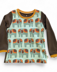 Jersey-Shirt mit braunem Hinterteil und Ärmeln und grauen Elefanten.