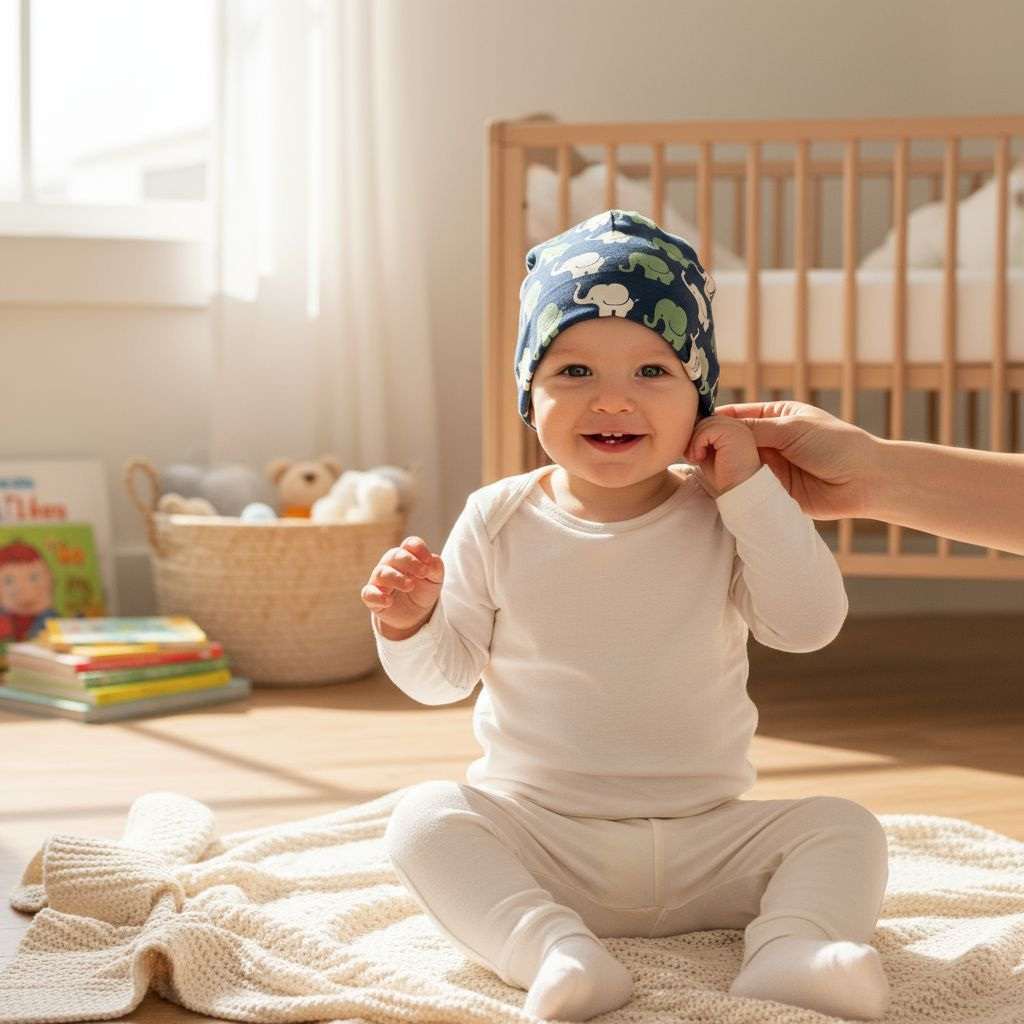 Ein sitzendes Baby probiert eine Elefantenmütze an