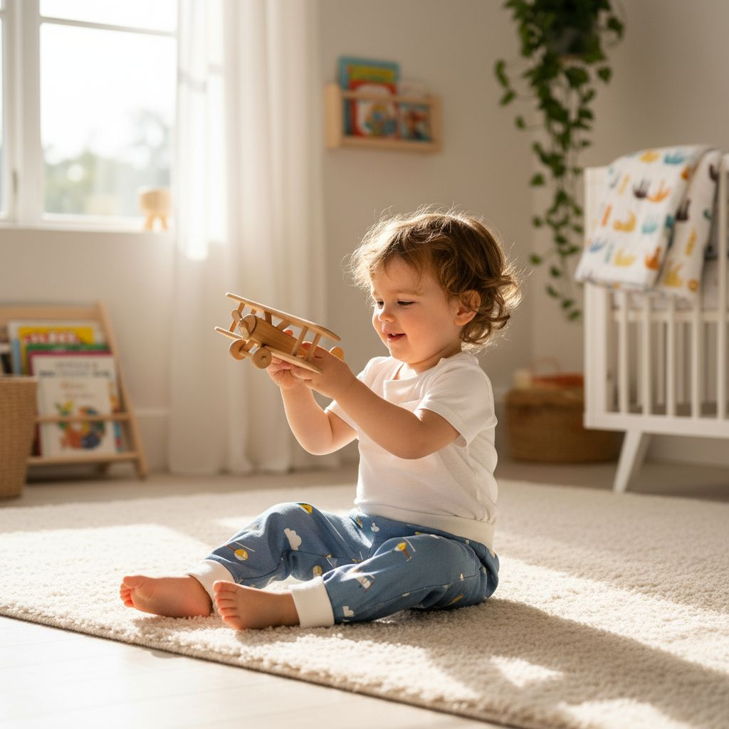 Ein kleiner Junge sitzt auf dem Zimmerboden und spielt mit einem Holzflugzeug