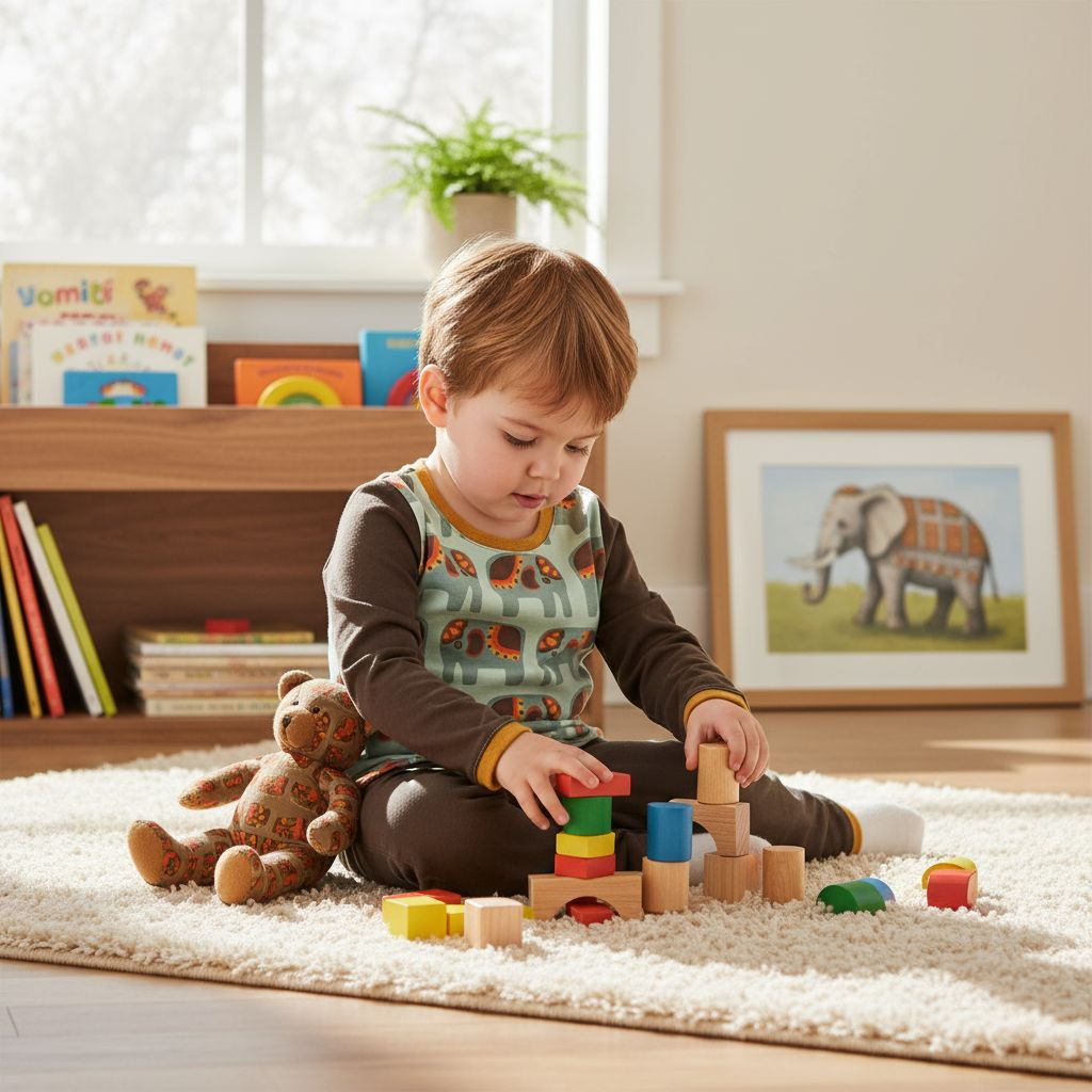 Ein kleiner Junge spielt konzentriert mit bunten Bauklötzen