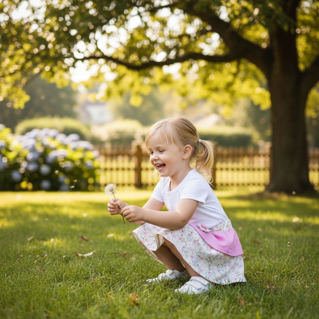 Ein kleines Mädchen spielt im Garten mit einer Pusteblume