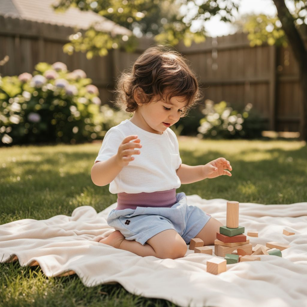 Ein kleines Mädchen sitzt im Garten auf einer Decke und spielt mit Bauklötzen