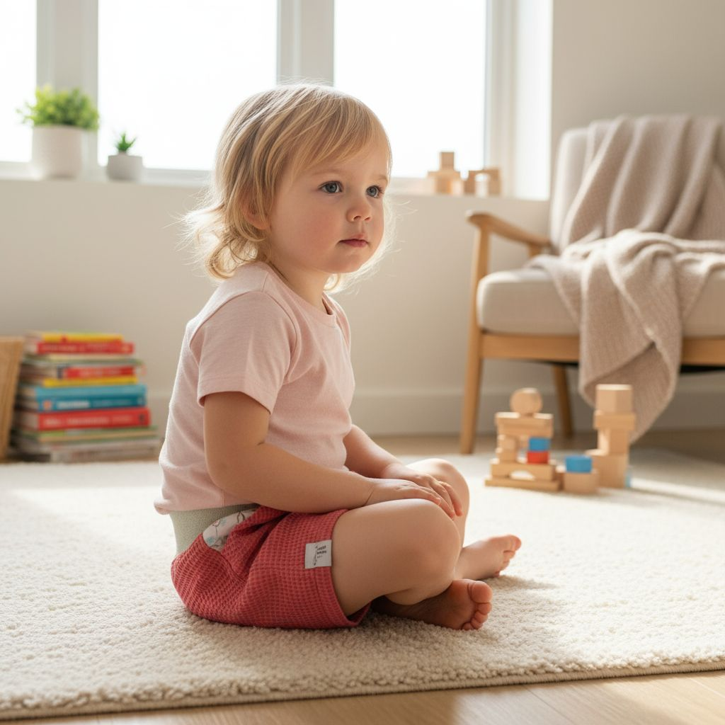Ein kleines Mädchen Sitzt im Kinderzimmer am Boden