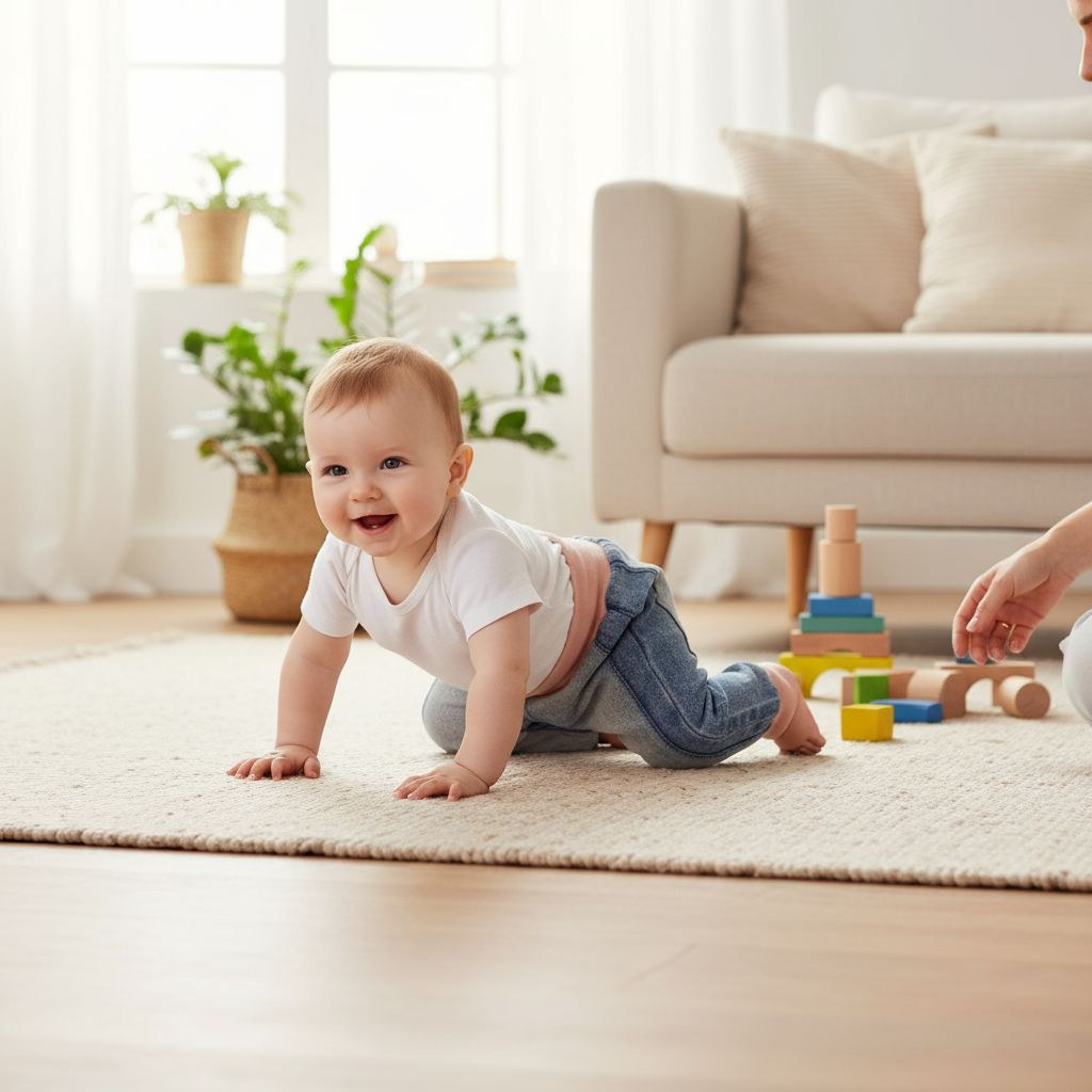 Ein Baby krabbelt über einen weissen Teppich