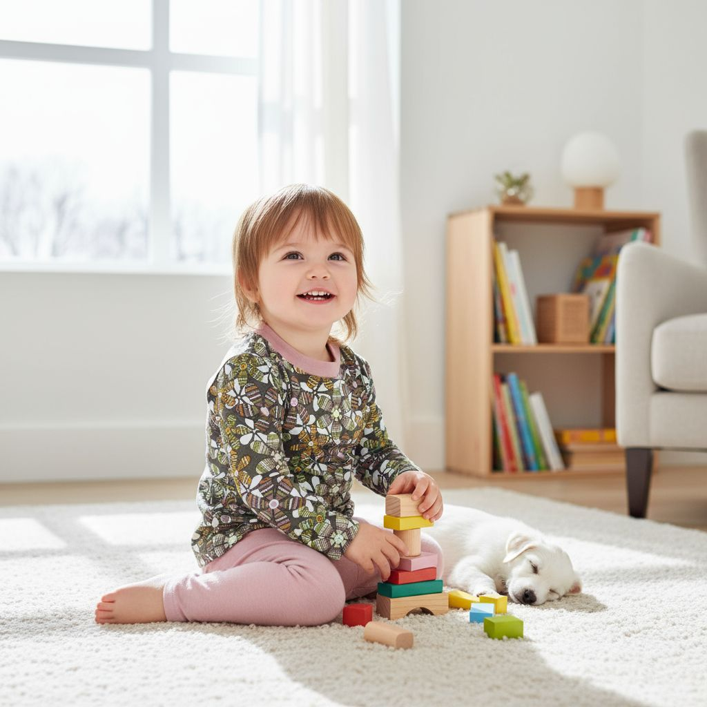 Ein kleines Mädchen sitzt im Kinderzimmer und spielt mit Bauklötzen