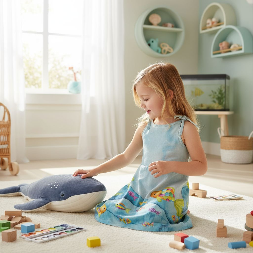 Ein kleines Mädchen in einem blauen Strandkleidchen sitzt am Boden uns spielt mit einem Plüsch-Wal