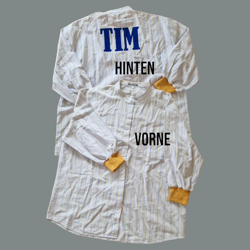 Aus umgenähten Herrenhemden werden praktische und individuelle Mal- und Bastelschürzen für Kinder. Auf Wunsch bedruckt mit dem Namen des Kindes