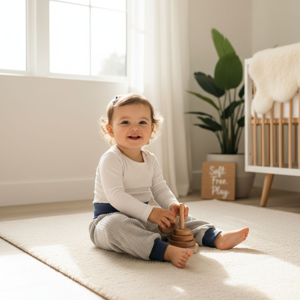 Ein kleines Mädchen spielt am Boden mit einem Stapelturm aus Holz
