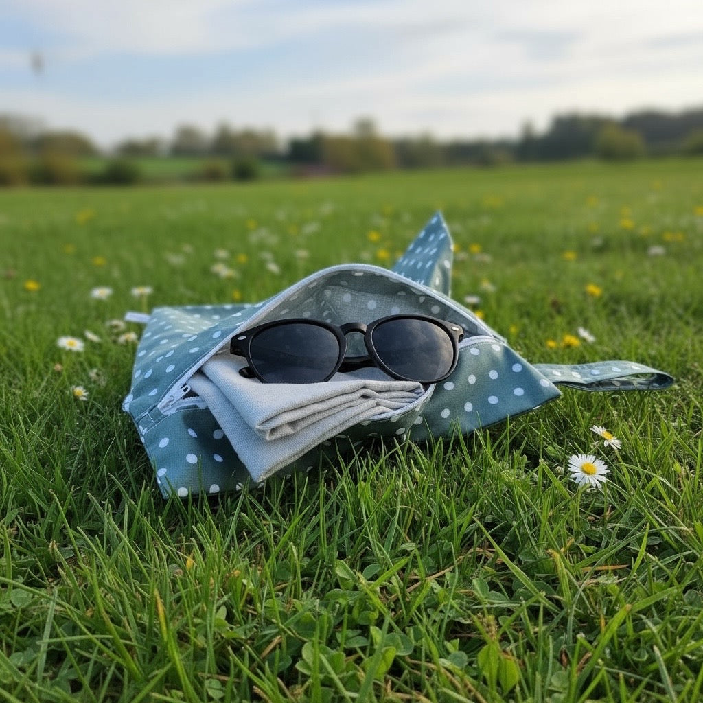 Ein grüner Wetbag mit weissen Punkten liegt auf einer Wiese mit Gänseblümchen im Sonnenschein
