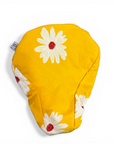 Fahrradsattelbezug aus einem beschichteten Tischtuch. Leuchtend gelb mit Margeriten.