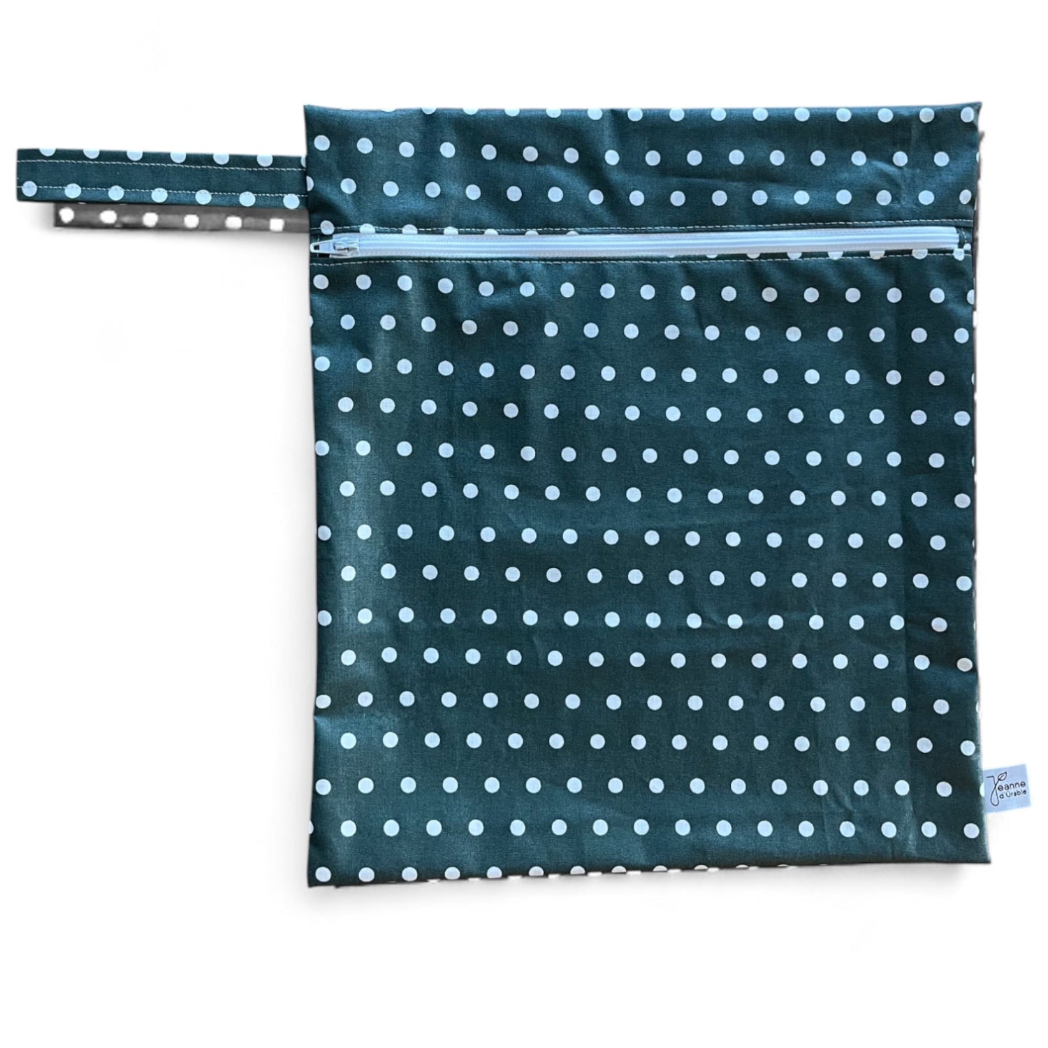 Tasche für nasse Badesachen; petrolblauer Wetbag mit weissen Punkten