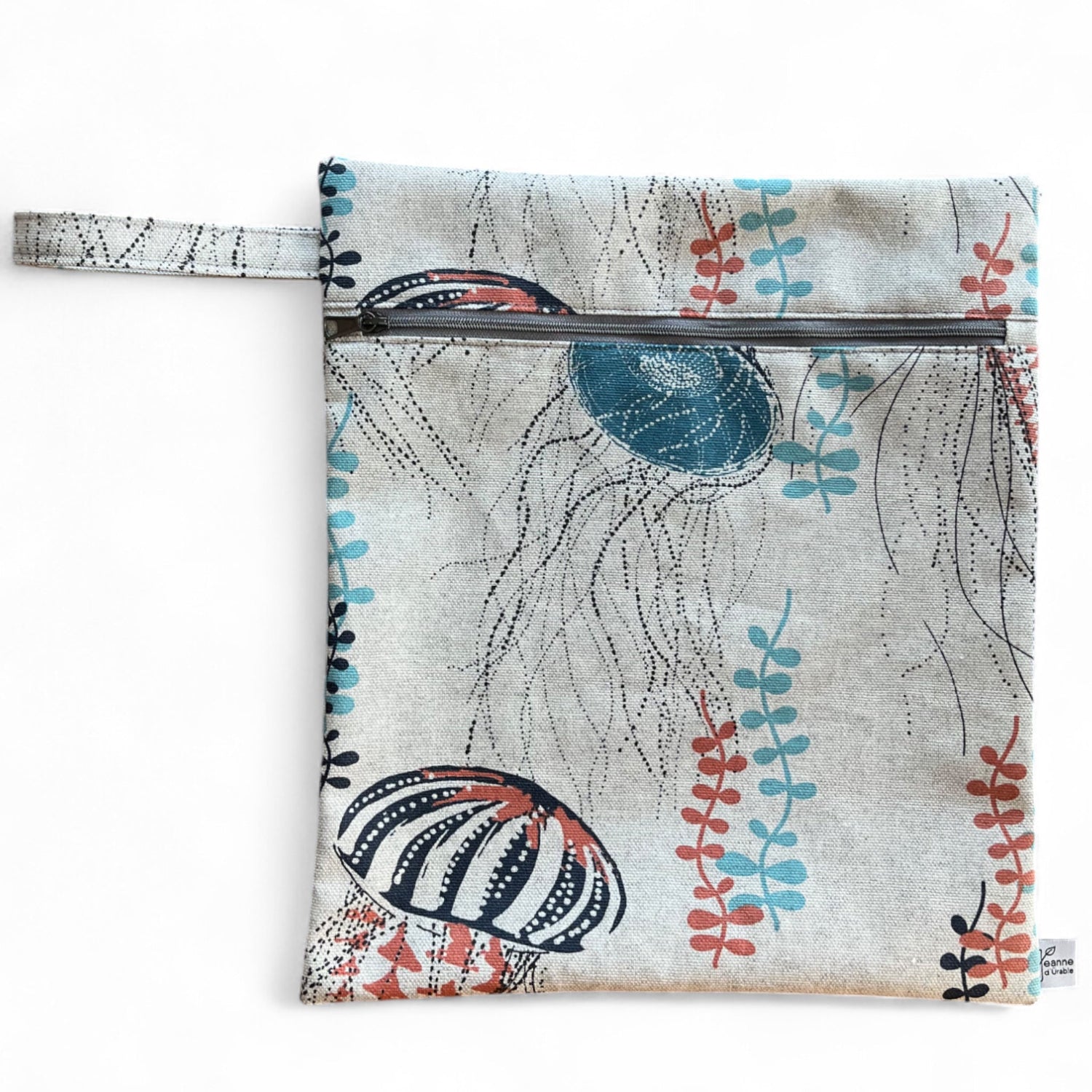 Tasche für nasse Badesachen; ein Wetbag, grau mit farbigen Quallen bedruckt